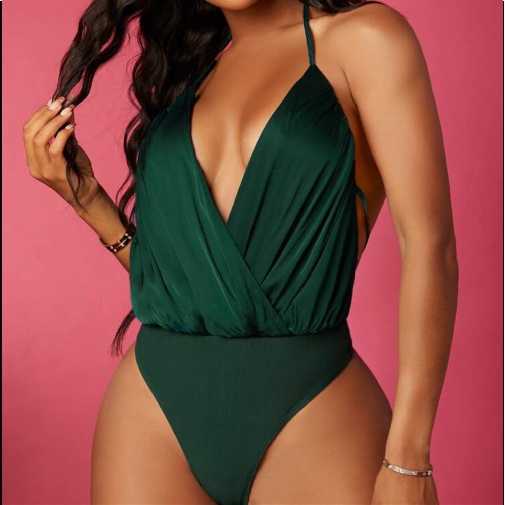Luxe Green Tie Backless Plunge Deep Overlap Neck Halter Bodysuit - Picture 1 of 5